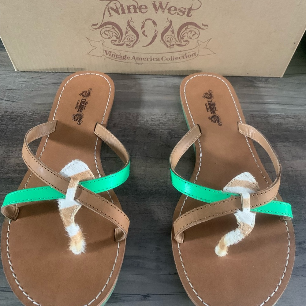 Nine West Tan and Green Leather Sandals